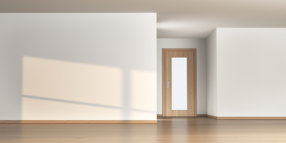 3d Render Modern empty room with Door with wooden floor and White smooth walls, Light Falling on Wall from Window (Close-up)