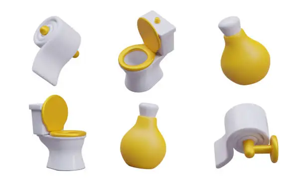 Vector illustration of Gold metal toilet roll holder, toilet and jar with shower gel