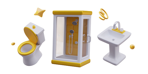 Toilet with gold seat, square shower, washstand, decorative elements. Concept of clean luxury sanitary ware. Vector isolated objects for combination and single use