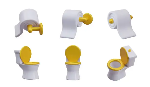 Vector illustration of 3d realistic model of handle toilet paper and ceramic toilet in different positions