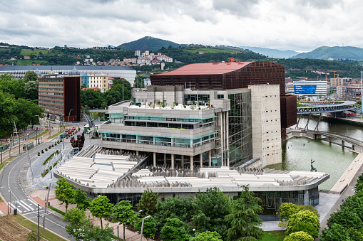Aerial view of the Euskalduna Conference Centre and Concert Hall by the river Nervion in Bilbao, Spain.