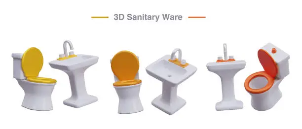 Vector illustration of Vector set of sanitary ware. Washbasins and toilets with seats of different colors