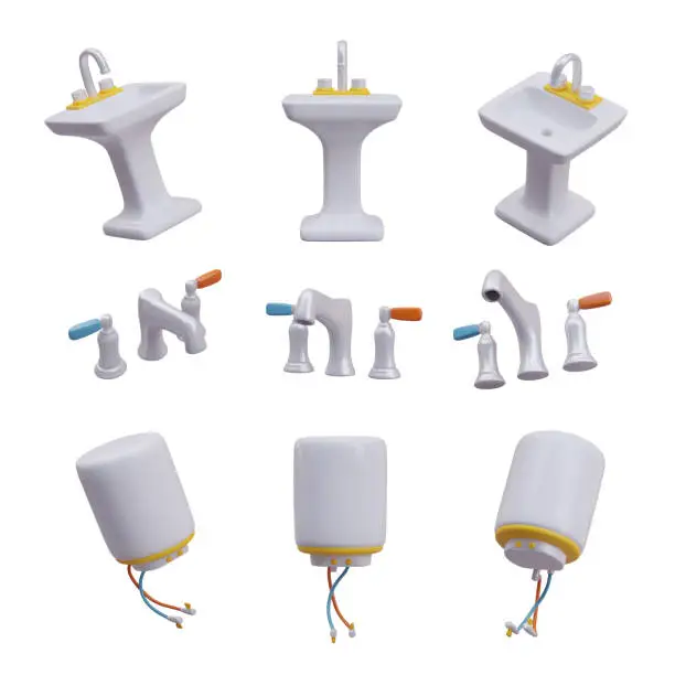 Vector illustration of Set of washing basin, faucet and boiler in different positions