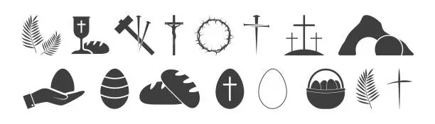 Vector illustration of Easter icons set. Palm leaves, cross and cave. On a white background.