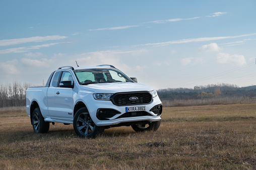 Budapest, Hungary - 18th November, 2021: Ford Ranger MS-RT on a grass. The Ranger is the most popular pickup vehicle in Europe.