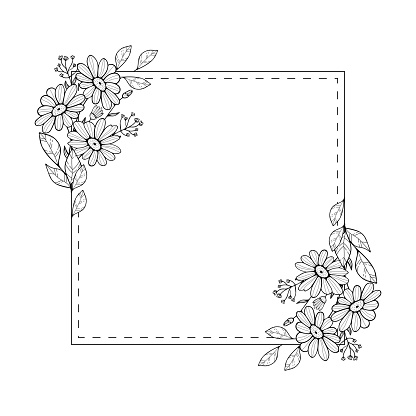 Floral spring summer card template. Square border frame decorated with daisy chamomile flowers on white background