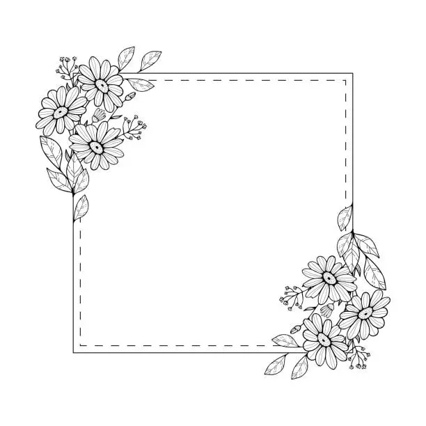 Vector illustration of Floral spring summer card template. Square border frame decorated with daisy chamomile flowers on white background