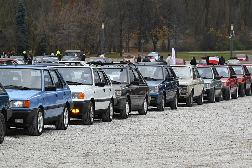 Warsaw, Poland - 6th November, 2021: FSO Polonez vehicles on a parking during the open meeting of classic FSO cars friends. This model was the one of the most popular cars in Poland in 90s.