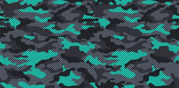 Vector illustration of Camouflage texture seamless pattern with grid. Trendy camouflage military pattern.