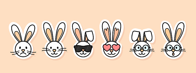 Easter Bunny emoji faces set, emoticon rabbit sad, happy, scared and cute characters with glasses on vector sticker collection