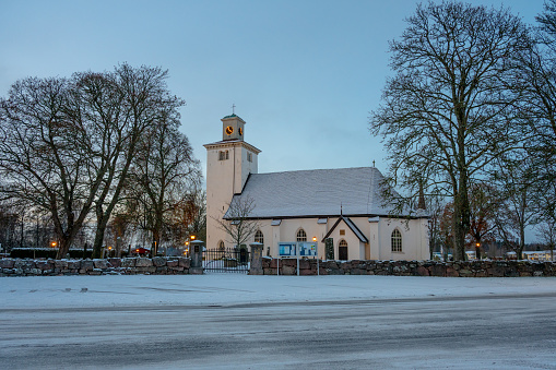 Lyrestad, Sweden - november 19 2023: Lyrestad church in a winter evening.
