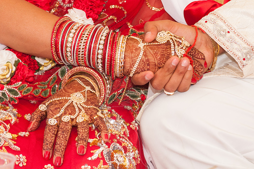 Jaipur, India - July 08, 2011: Hands clasped at Hindu wedding ceremony
