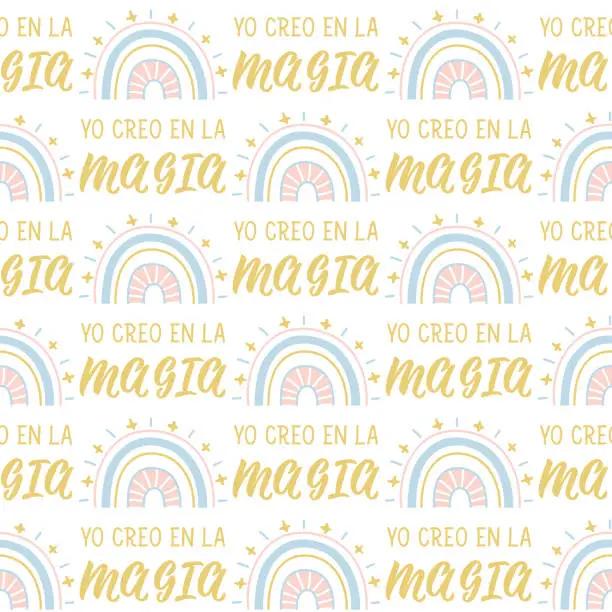 Vector illustration of Seamless elegant pattern with Spanish lettering. I believe in magic - in Spanish. Print for textile, wallpaper, covers, surface. For fashion fabric. Yo creo en la magia