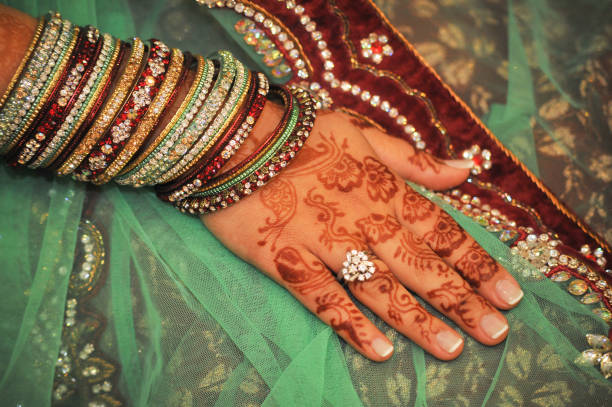 An overhead shot showcasing the detailed henna design on the cropped hands of a bride. The rich, intricate patterns of the henna are highlighted against a backdrop of beetle nut leaves and floral designs, emphasising the traditional and elegant aspects of the bridal adornment.