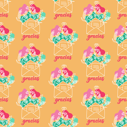 Seamless elegant pattern with Spanish lettering. Gracias. Translation from Spanish - Thank you. Print for textile, wallpaper, covers, surface. For fashion fabric.