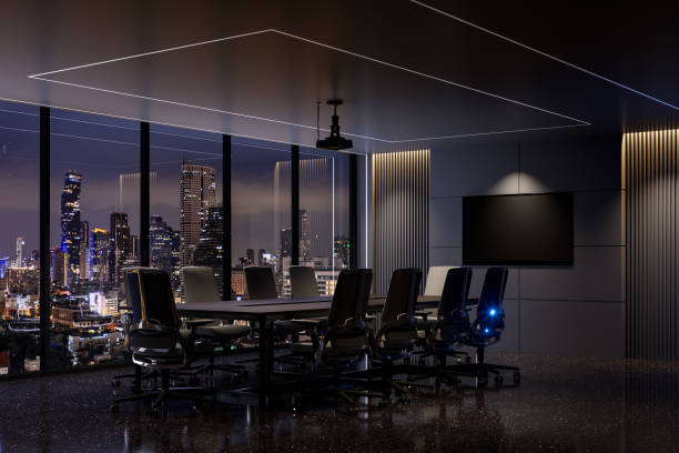 Modern style luxury black meeting room interior with night city view background 3d render Modern style luxury black meeting room interior with night city view background 3d render, decorated with led stripe light. office window night stock pictures, royalty-free photos & images