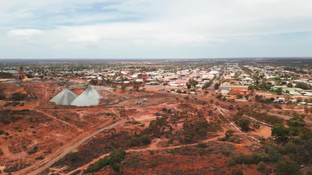 drone shot over Kalgoorlie Boulder in Western Australia on an overcast day, Australian mining city