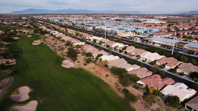 Drone Shot, Golf Course Club Fields and Upscale Housing Neighborhood, Las Vegas Nevada USA