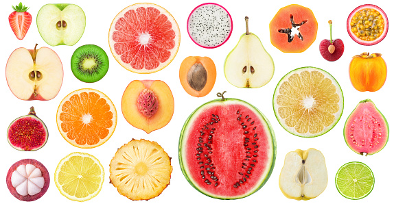Collection of different fruits cross sections isolated on white background