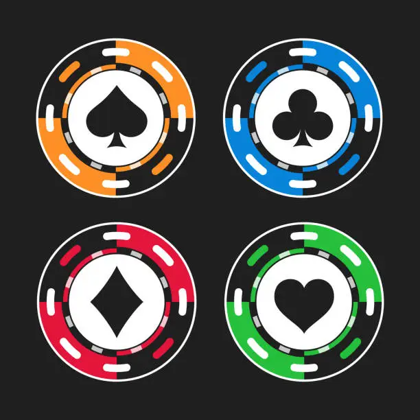 Vector illustration of Four vibrant color poker chips adorned with the suits of playing cards spades, diamonds, clubs, and hearts isolated on dark background. Chips feature classic design, play in games like poker blackjack