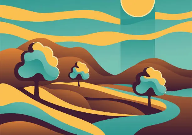 Vector illustration of Cartoon landscape with trees and river