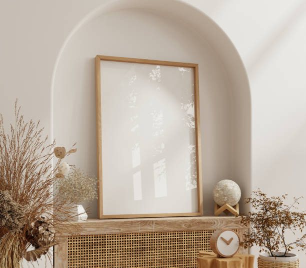 Poster mockup with vertical wooden frame in home interior background