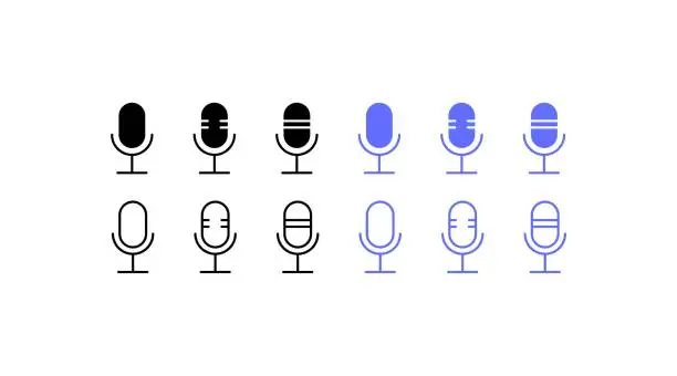 Vector illustration of Set of microphones icons. Silhouette, linear and flat style. Vector icon