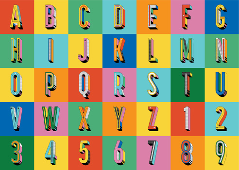 Vector illustration of a Retro 90s Y2K font alphabet design includes capital letters and numbers. Geometric font design includes 3D stylized and detailed capital letters and numbers alphabet set with pastel colors and 90s patterns. Includes fully editable vector art to customize your own text. Individually grouped for easy editing and customization. Colorful background. Download features vector EPS and high resolution jpg download.