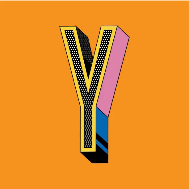 Vector illustration of Retro 90s Y2K 3D font design capital letter Y on square block of color