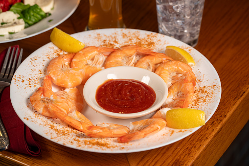 Steamed Shrimp platter served with cocktail sauce