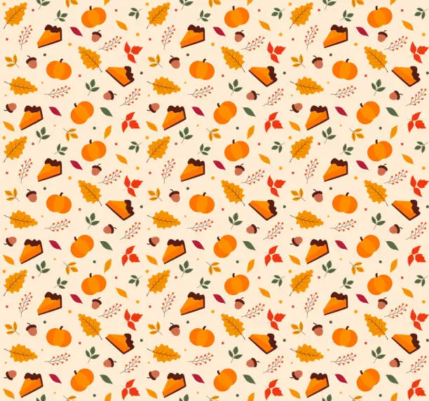 Vector illustration of Colorful Autumn seamless pattern with pumpkins, acorns and leaves. Cute vector autumn background.