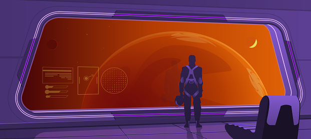 Interior of a spaceship, an astronaut looks out the porthole window. Open space, red planet, interplanetary flight. Interior with neon LED lighting, pilot's seat. Sci-fi, futurism, vector illustration