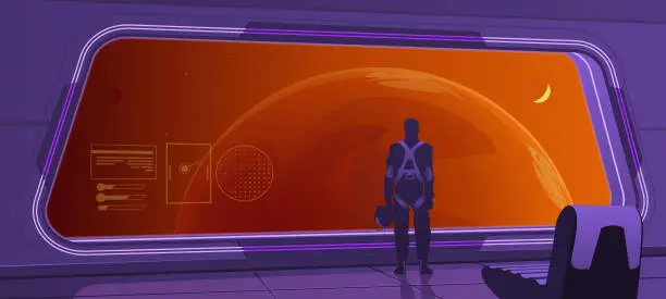 Vector illustration of Interior of a spaceship, an astronaut looks out the porthole window. Open space, red planet, interplanetary flight. Interior with neon LED lighting, pilot's seat. Sci-fi, futurism, vector illustration