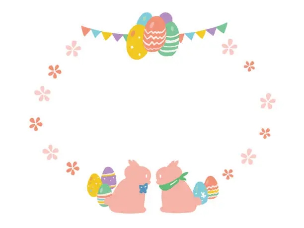 Vector illustration of Easter round frame hand-drawn illustration of rabbit and eggs