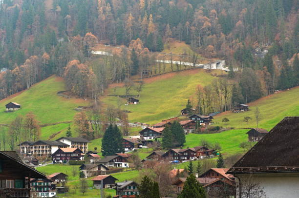 Traditional houses in Lauterbrunnen, Switzerland - December 1, 2022