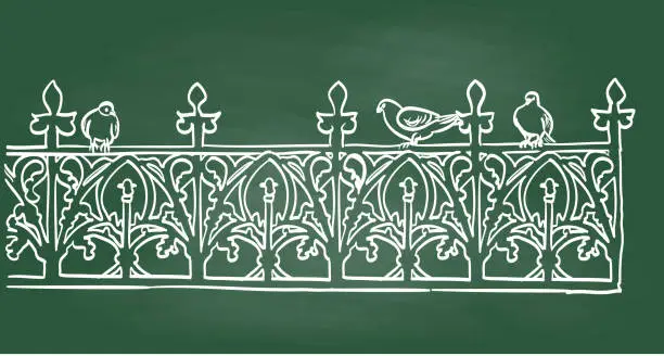 Vector illustration of Wrought Iron Fence And Pigeons Chalkboard