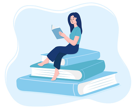A woman reads a book while sitting on a pile of huge books. Modern vector flat illustration.