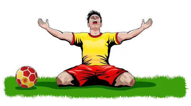 Vector illustration of Spain soccer player celebrating sitting on the gras