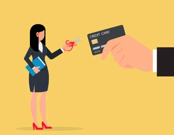 Vector illustration of Credit card cutting. Businesswoman using scissors to cut credit card,destruction concept