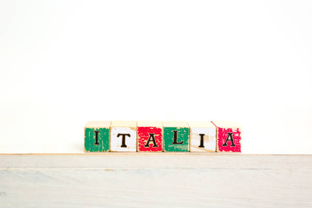 ITALIA: Written in Wood Block Letters, White Background