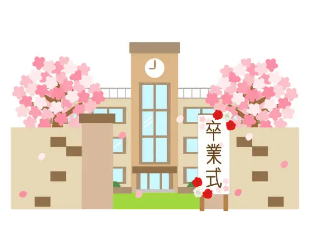 Vector illustration of Illustration of a school building and cherry blossom graduation ceremony