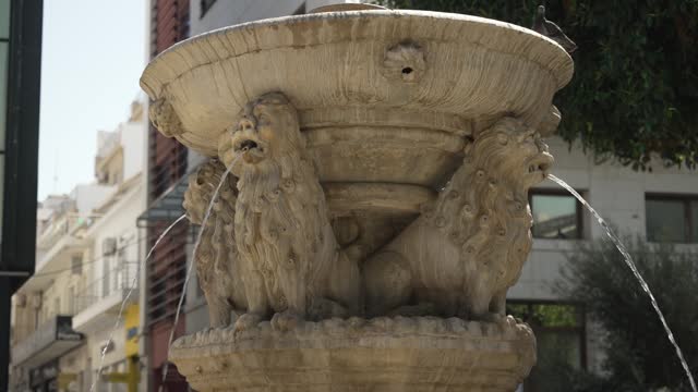close up of Fransesco Morozini lion fountain , famous marble fountain in the center of the city of Heraklion in Crete