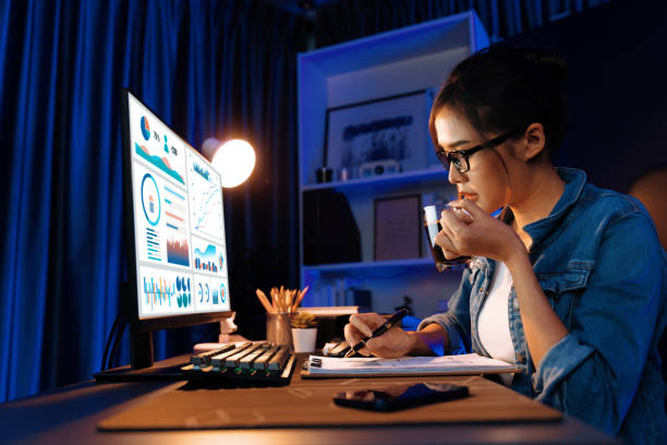 istock Asian influencer wearing headsets on pc business graph screen. Stratagem. 2031541550