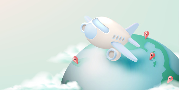 A playful, pastel-colored airplane traverses a stylized globe, dotted with location pins, symbolizing the joy of travel and discovery