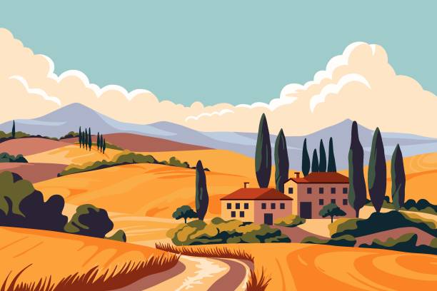 ilustrações de stock, clip art, desenhos animados e ícones de italian fields landscape. cartoon countryside panorama with tuscany hills and village houses, rural valley with trees and mountains. vector illustration - tuscany italy tree cypress tree