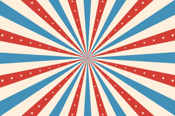 Vintage circus rays background, vibrant backdrop Vintage circus rays background. Vector vibrant retro backdrop, burst of red, blue or white radiating rays and stars, in style of usa flag. A nostalgic explosion of hues that takes you back to the past colorful paper windmill toy stock illustrations