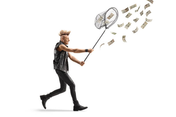 istock Punk in leather clothes running and catching money with a net 2031563088