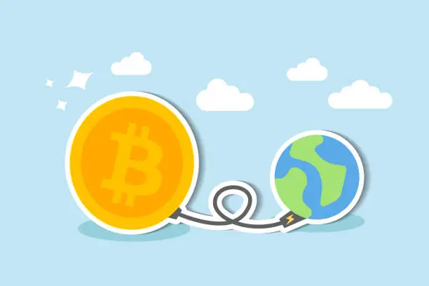 Vector illustration of Cryptocurrency faces sustainability issue bitcoin and crypto mining consume non environmentally friendly energy concept, Big bitcoin with electric plug sucking energy from planet earth.