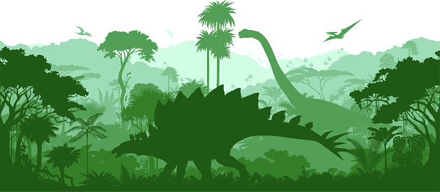 Vector prehistoric seamless jungle background with dinosaurs: stegosaurus, brontosaurus and pterodactyl