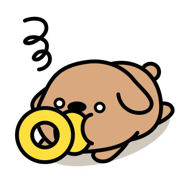 Vector illustration of A cute dog, sucking a pacifier, passed out, lying on the ground with white eyes